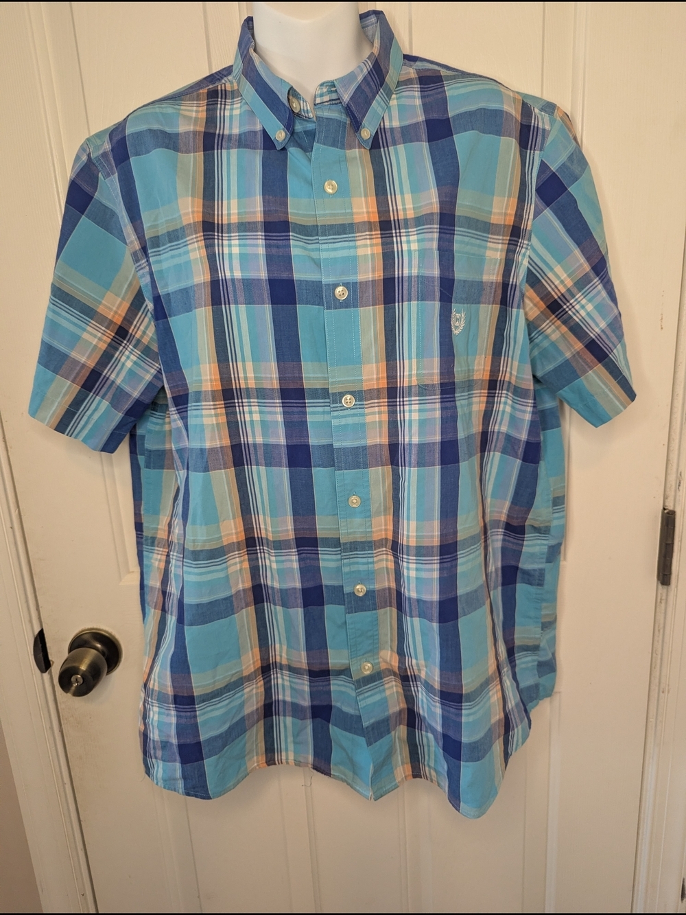 Chaps Easy Care Short Sleeve Button Up Colorful Plaid Mens Casual Size L